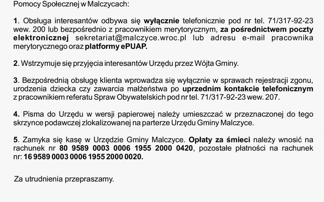 Ograniczenie w funkcjonowaniu Urzędu Gminy Malczyce i GOPS