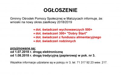 GOPS w Malczycach informuje o przyjmowaniu wniosków na nowy okres zasiłkowy