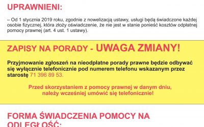 Nieodpłatna pomoc prawna w Urzędzie Gminy Malczyce w 2019 roku – uwaga zmiany w świadczeniu usług