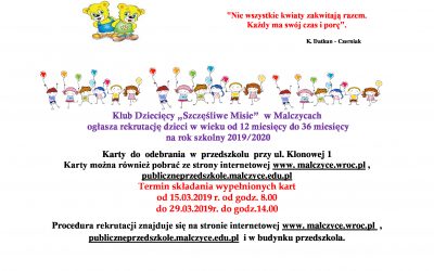 Informacja o rekrutacji do klubu dziecięcego „Szczęśliwe Misie”
