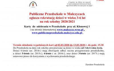 Rekrutacja do Publicznego Przedszkola w Malczycach