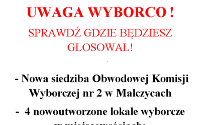 Informacja o zmianie siedziby Obwodowej Komisji Wyborczej Nr 2 w Malczycach  oraz powstaniu nowych lokali wyborczych w Gminie Malczyce