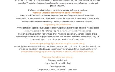 Informujemy o uruchomieniu Poradni Leczenia Uzależnień dla Dzieci i Młodzieży przy alei Konstytucji 3 Maja 7 w Środzie Śląskiej