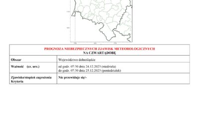 PROGNOZA NIEBEZPIECZNYCH ZJAWISK METEOROLOGICZNYCH NA CZWARTĄ DOBĘ