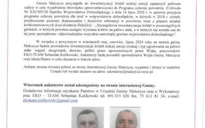 OGŁOSZENIE O INWENTARYZACJI ŹRÓDEŁ NISKIEJ EMISJI NA TERENIE GMINY MALCZYCE